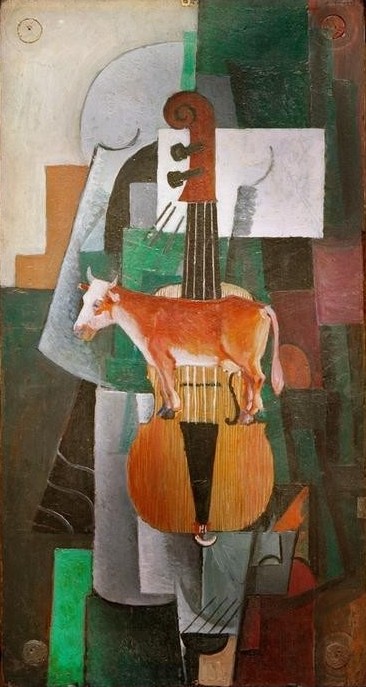 Kasimir Malewitsch, Kuh und Geige (Kunst,Musik,Rind,Saiteninstrument,Sowjetische Kunst,Geige,Instrument,Kubismus,Schatten,Stillleben,Futurismus,Russische Kunst,Tier,Kubofuturismus,Ukrainische Kunst,Milchkuh)