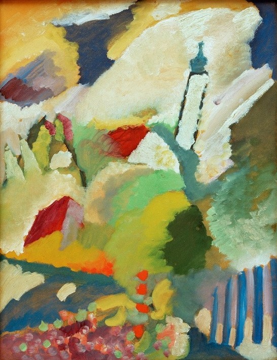 Wassily Kandinsky, Murnau mit Kirche I (Stadt, ort, Kirchturm, Gebäude, abstrahiert, Russische Kunst, Expressionismus, Wohnzimmer, Treppenhaus, Wunschgröße, Klassische Moderne, bunt)