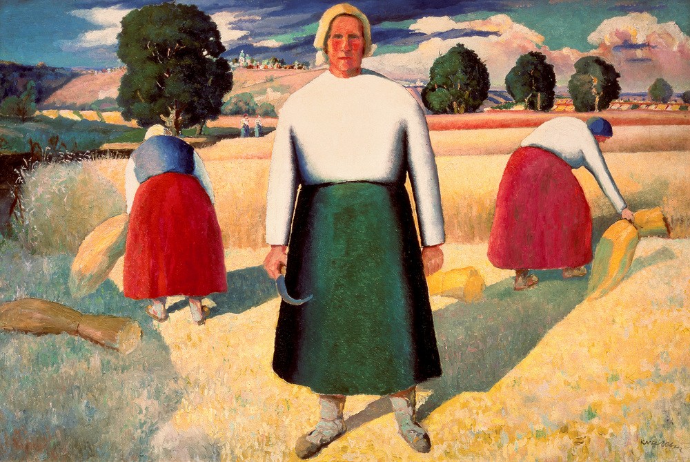 Kasimir Malewitsch, Schnitterinnen (Arbeit,Ernte,Frau,Getreideanbau,Jahreszeiten,Kunst,Landschaft,Sommer,Volkskunde,Schnitter (Ernte),Konstruktivismus,Getreide,Bäuerin,Russische Kunst,Sichel,Feld,Getreidefeld,Frauenleben,Ukrainische Kunst,Landbevölkerung,Landarbeit,Landarbeiterin,Schnitteri)