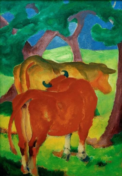 Franz Marc, Kühe unter Bäumen (Deutsche Kunst,Kunst,Landschaft,Rinderzucht,Rind,Zoologie,Baum,Expressionismus,Der Blaue Reiter,Tierliebe,Tierleben,Tier,Farbigkeit,Milchkuh,Nutztier,Landwirtschaft,Viehzucht,Ausschnitt)