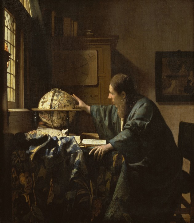 Jan Vermeer, Der Astronom (Arbeitszimmer,Astronom,Astronomie,Fenster,Geräte,Geschichte,Globus,Herrenmode,Himmelsglobus,Mann,Schreibtisch,Wissenschaft,Barock,Wissenschaftler,Portrait,Hausmantel,Nachdenken,Tischtuch,Interieur,Niederländische Kunst,Intellektueller,Tageslicht,Tastsinn,)