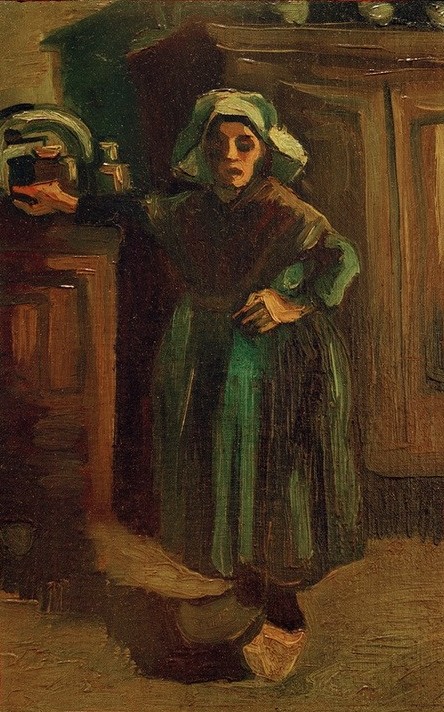 Vincent van Gogh, Bäuerin in ihrem Zimmer (Frau,Kopfbedeckung,Kunst,Schuhe (Schuh),Tracht,Volkskunde,Impressionismus,Portrait,Bäuerin,Interieur,Haube,Niederländische Kunst,Kleidung (Allgemein),Holzschuhe,Ganzfigurig,Postimpressionismus,Landwirtschaft)