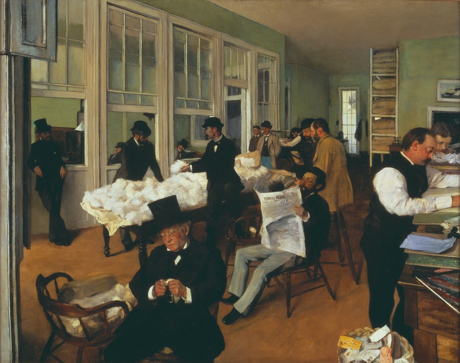 Edgar Degas, Portraits dans un bureau (Nouvelle Orléans) (Intérieur du c (Baumwolle,Handel,Herrenmode,Kunst,Mode,Zylinder (Hut),Hut,Lesen (Allgemein),Französische Kunst,Händler,Zeitungsleser,Kaufmann,Kontor,Gentleman,Gewerbe)