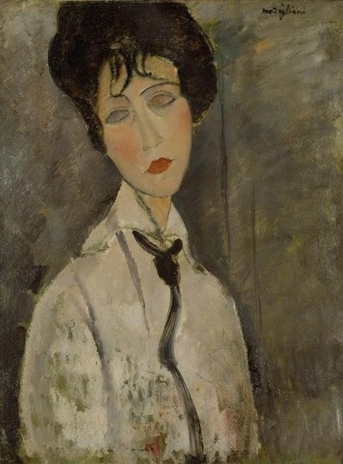 Amedeo Modigliani, La femme à la cravatte noir (Damenmode,Frau,Kunst,Mensch,Krawatte,Portrait,Bluse,Italienische Kunst,Brustbild)