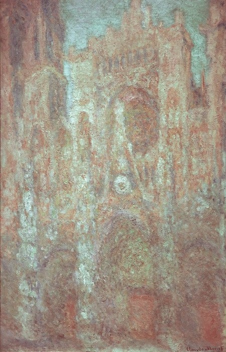 Claude Monet, Die Kathedrale von Rouen (Kathedrale in Rosa) (Architektur,Geographie,Kirche,Kunst,Tageszeiten,Morgen,Impressionismus,Fassade,Architekturdarstellung,Französische Kunst,Licht,Ansicht,Tageslicht,Aussenansicht,Topographie,Rosa (Farbe),Westfassade,Kathedrale)