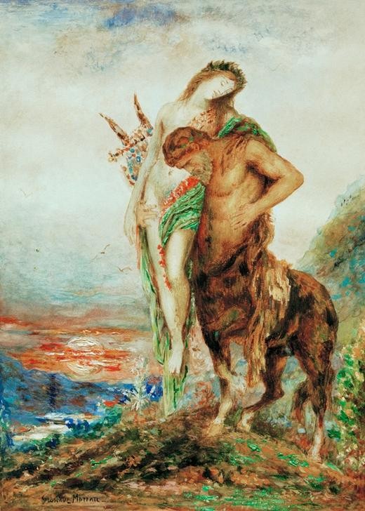 Gustave Moreau, Der müde Zentaur (Dichter,Kunst,Musik,Mythologie,Saiteninstrument,Tod,Leier,Instrument,Symbolismus,Erschöpfung,Fabelwesen,Melancholie,Kentaur,Französische Kunst,Poesie,Müdigkeit,Androgyn,Tragen,Sterben,Blume,Griechisch-Römische Mythologie)