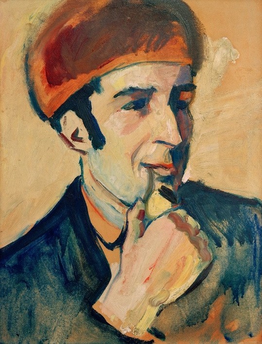 Franz Marc, Bildnis Franz Marc (Deutsche Kunst,Künstler,Maler (Künstler),Mann,Pfeife (Tabak),Rauchen,Portrait,Expressionismus,Der Blaue Reiter,Brustbild,Heiterkeit,Person,Raucher,Mütze)