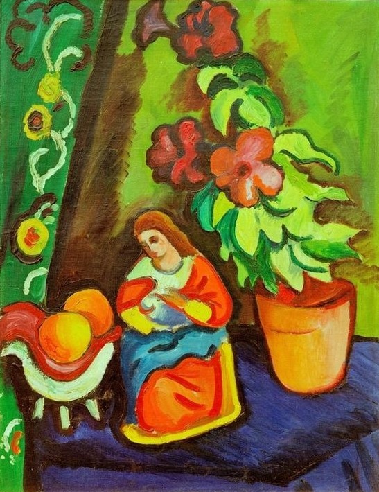August Macke, Stilleben mit Madonna, Petunie und Äpfeln (Apfel,Deutsche Kunst,Kunst,Obst,Maria Mit Kind,Stillleben,Expressionismus,Der Blaue Reiter,Topfpflanze,Obstschale,Blume,Skulptur Im Bild,Pflanze)