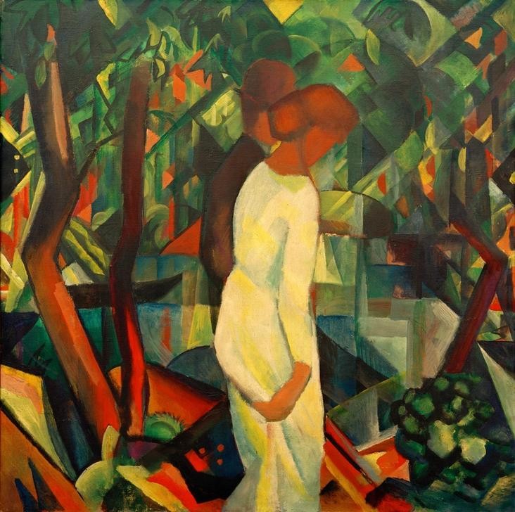 August Macke, Paar im Wald (Deutsche Kunst,Frau,Landschaft,Liebespaar,Mann,Freizeit,Spaziergang,Wald,Expressionismus,Reise,Der Blaue Reiter,Paar)