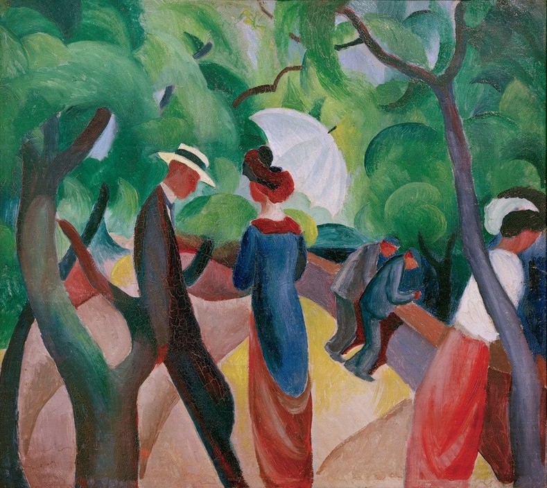 August Macke, Promenade (Deutsche Kunst,Kunst,Menschen Im Park,Park,Freizeit,Spaziergang,Baum,Expressionismus,Der Blaue Reiter,Sonnenschirm,Paar,Müssiggang,Nichtstun,Promenade,Schirm)