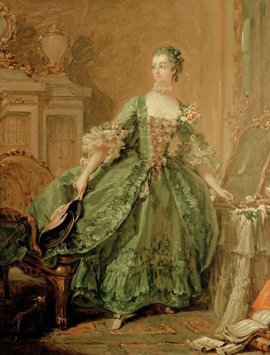 Francois Boucher, Porträt der Madame de Pompadour (Damenhut,Damenmode,Frau,Geschichte,Mode,Hut,Rokoko,Portrait,Interieur,Schminktisch,Französische Kunst,Toilettentisch,Maitresse,Ganzfigurig,Person)