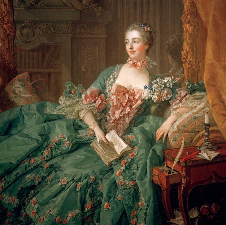 Francois Boucher, Madame de Pompadour (Buch,Damenmode,Frau,Geschichte,Mode,Schönheit,Rokoko,Portrait,Interieur,Schreibwerkzeug,Französische Kunst,Leserin,Sitzen,Maitresse,Bettlektüre,Person,Ausschnitt)