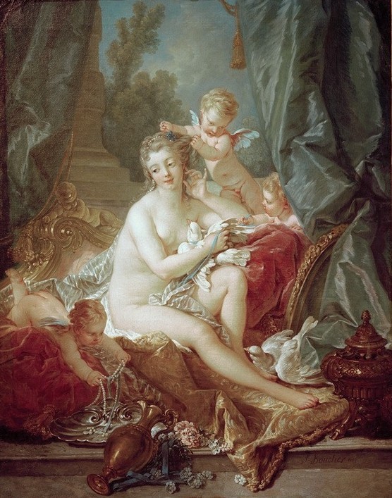 Francois Boucher, Die Toilette der Venus (Körperpflege,Frau,Kanne,Mythologie,Schmuck,Taube,Toilette (Körperpflege),Rokoko,Putto,Waschgeschirr,Schale (Gefäss),Perlenkette,Französische Kunst,Vorhang,Toilette Der Venus,Frisieren,Griechisch-Römische Mythologie)