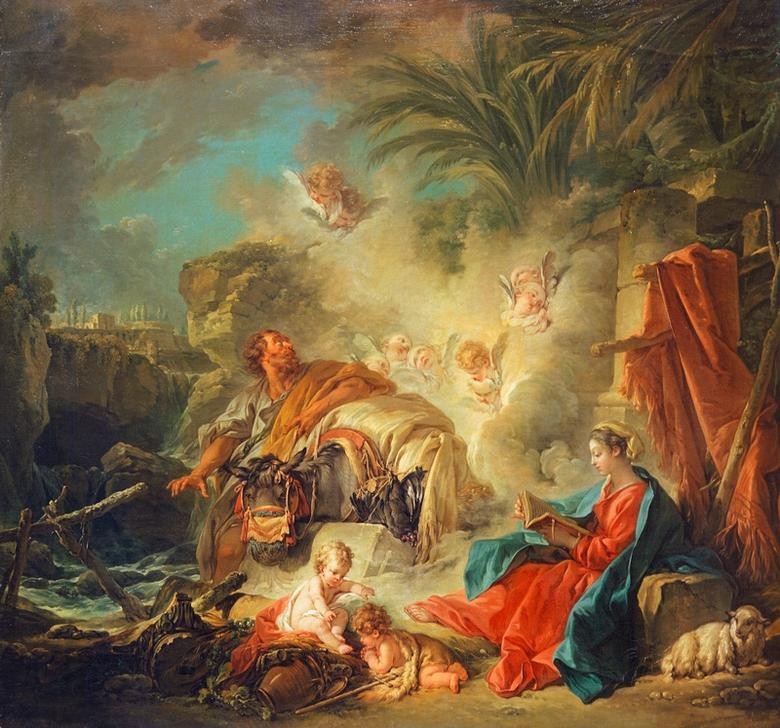 Francois Boucher, Die Rast auf der Flucht nach Ägypten (Christentum,Rast,Religion,Heilige Familie,Rokoko,Esel,Neues Testament,Bibel,Lesen (Allgemein),Flucht Nach Ägypten,Französische Kunst,Jesusknabe,Leserin,Kindheit Jesu)