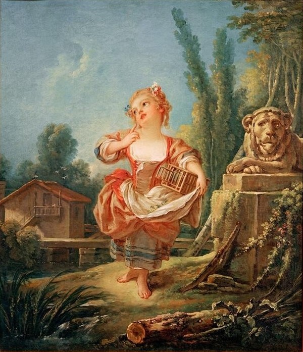 Francois Boucher, Das Mädchen mit dem Vogelkäfig (Kind,Landschaft,Mädchen,Rokoko,Kind Und Tier,Französische Kunst,Vogelkäfig,Kinderleben)