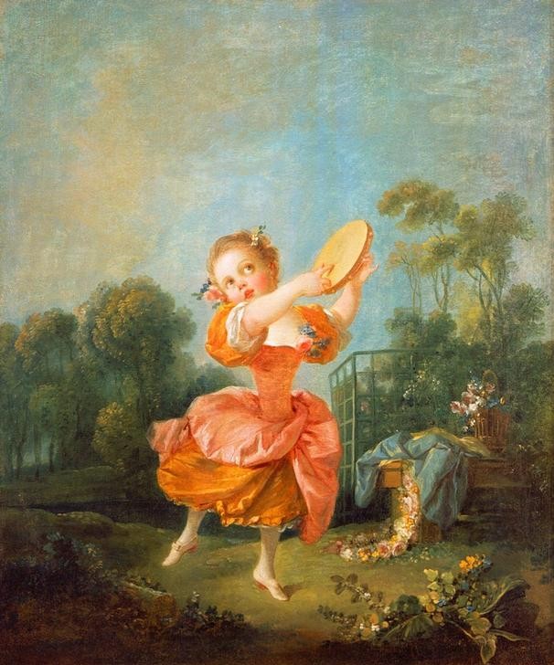 Francois Boucher, Die kleine Tänzerin (Kind,Landschaft,Mädchen,Musik,Tänzerin,Tanz,Instrument,Rokoko,Französische Kunst,Tambourin,Kinderleben)