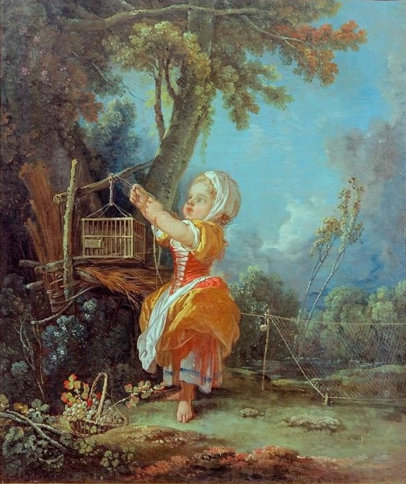 Francois Boucher, Die kleine Vogelfängerin (Kind,Mädchen,Rokoko,Käfig,Kind Und Tier,Französische Kunst,Vogelkäfig,Kinderleben,Vogelfang)