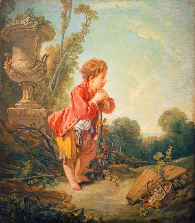 Francois Boucher, Der kleine Weinbauer (Ernte,Kinderarbeit,Kind,Weinbau,Weinlese,Rokoko,Winzer,Französische Kunst,Knabe,Kind In Erwachsenenrolle,Kinderleben,Ausruhen,Landwirtschaft)