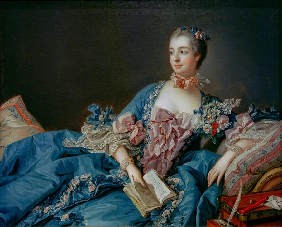 Francois Boucher, Madame de Pompadour (Buch,Damenmode,Frau,Geschichte,Mode,Rokoko,Portrait,Schreibwerkzeug,Französische Kunst,Leserin,Maitresse,Liegen,Kniestück,Bettlektüre,Person)