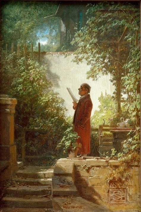 Carl Spitzweg, Zeitungsleser im Hausgärtchen (Deutsche Kunst,Karikatur,Leser,Literatur,Mann,Mauer (Architektur),Terrasse,Tageszeiten,Morgen,Biedermeier,Morgenmantel,Frühstück,Hausmantel,Hausgarten,Bürgertum,Professor,Gartenmauer,Spalier,Intellektueller,Zeitungsleser,Konzentration,Hände In Den Taschen)