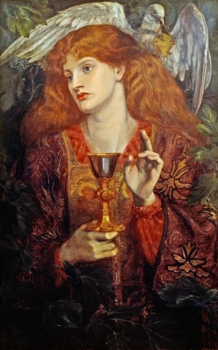Dante Gabriel Rossetti, The Damsel of the Sanct Grail (Engel,Sage,Kunst,Literatur,Schönheit,Jungfrau,Präraffaeliten,Englische Kunst,Gral,Kelch,Blut Christi)