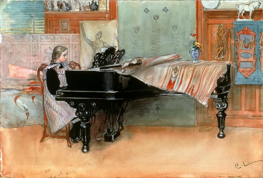 Carl Larsson, Die Tonleiter (Atelier,Kind,Kunst,Mädchen,Musik,Pianistin,Tasteninstrument,Instrument,Klavier Und Flügel,Interieur,Schwedische Kunst,Musikstunde,Kinderleben,Klavierspiel,Decke (Textil),Flügel (Instrument))