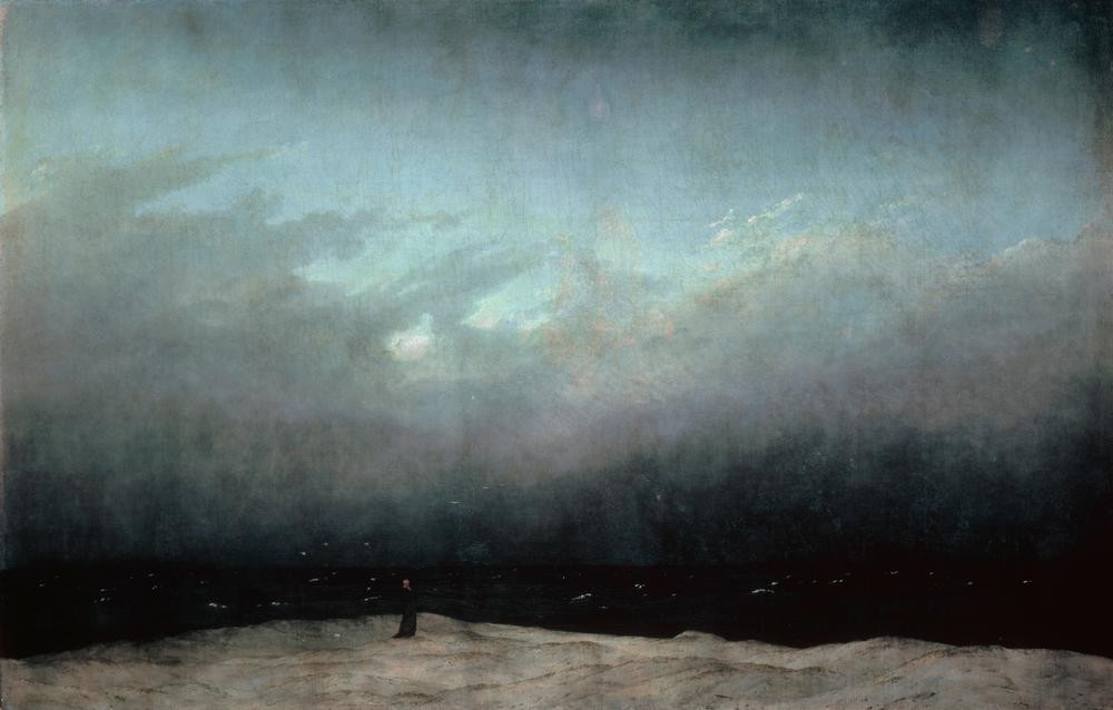 Caspar David Friedrich, Der Mönch am Meer (Deutsche Kunst,Himmel (Natur),Küste,Kunst,Landschaft,Mann,Mensch,Strand,Wandern,Meer,Mönch,Einsamkeit,Rückenfigur,Pantheismus,Meditation,Berühmte Kunstwerke,Romantik,Horizont,Naturverbundenheit,Unendlichkeit,Vor Der Restaurierung)