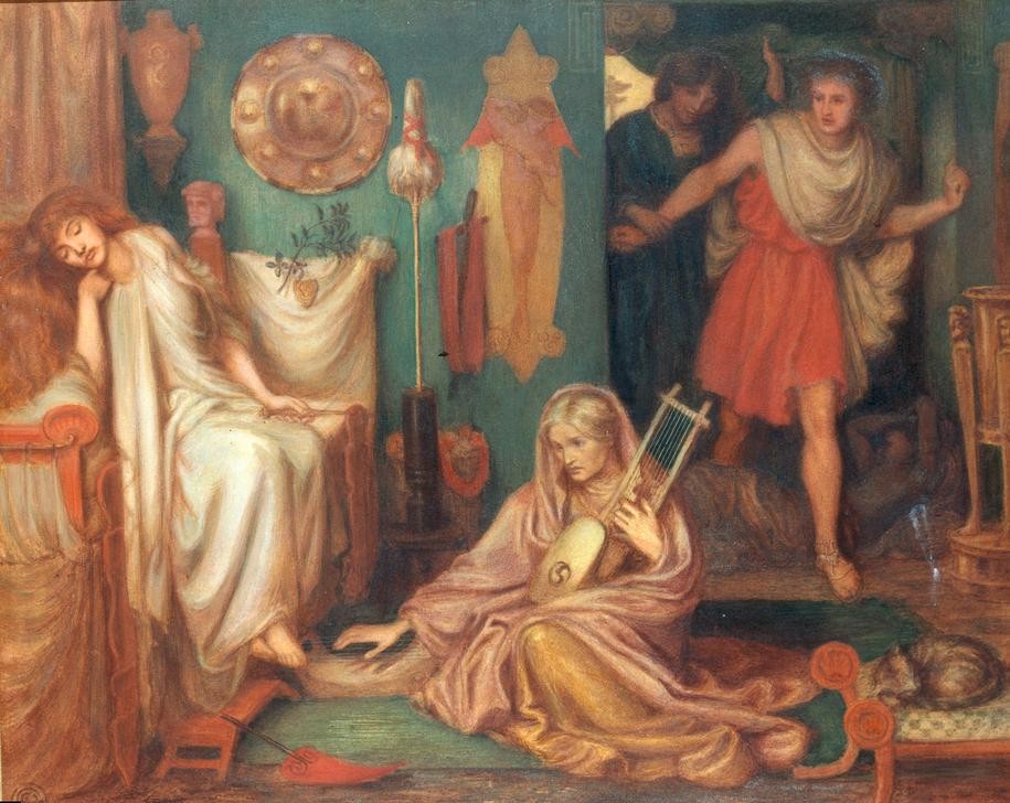 Dante Gabriel Rossetti, The Return of Tibullus to Delia (Dichterleben,Dichter,Kunst,Liebe,Liebespaar,Literatur,Szene,Präraffaeliten,Englische Kunst,Elegie,Person)