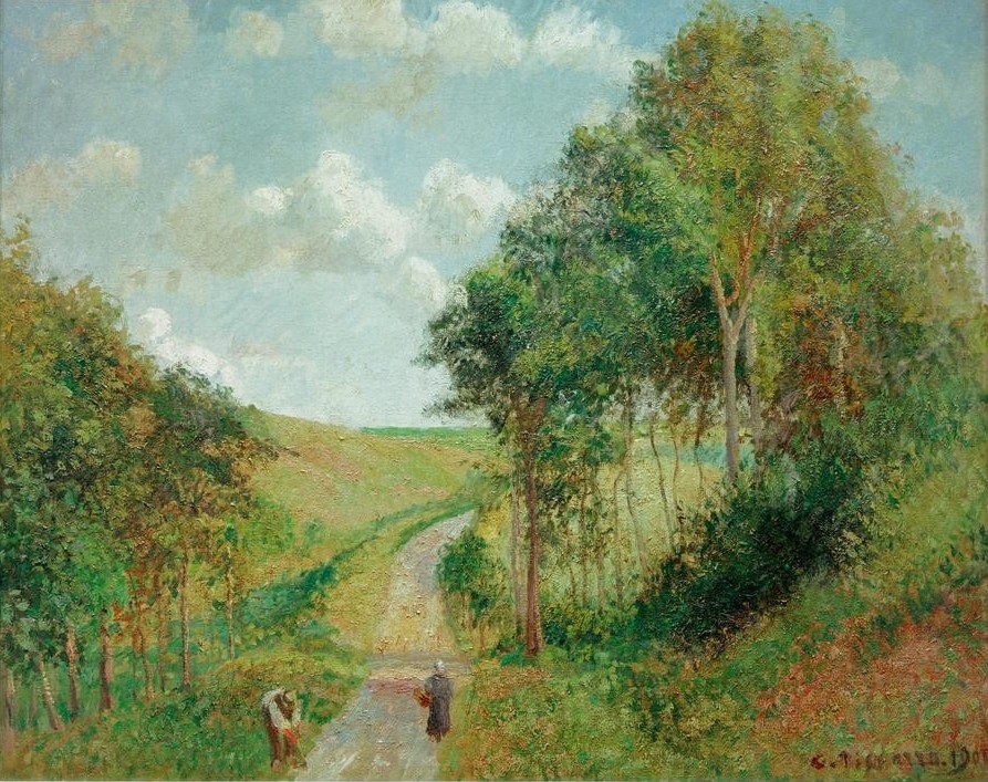 Camille Pissarro, Landschaft in Berneval, Nachmittag (Frau,Kunst,Landschaft,Mann,Tageszeiten,Nachmittag,Impressionismus,Baum,Weg,Feldweg,Französische Kunst,Jahrhundertwende)