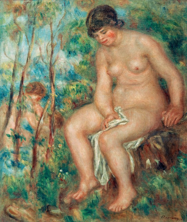 Pierre-Auguste Renoir, Die Badende (Körperpflege,Bad Im Freien,Bad,Erotik,Fettleibigkeit,Frau,Kunst,Maler (Künstler),Impressionismus,Akt,Busen,Französische Kunst,Im Freien (Allgemein),Nacktheit,Handtuch,Abtrocknen,Sitzen,Junge Frau,Braune Haare)