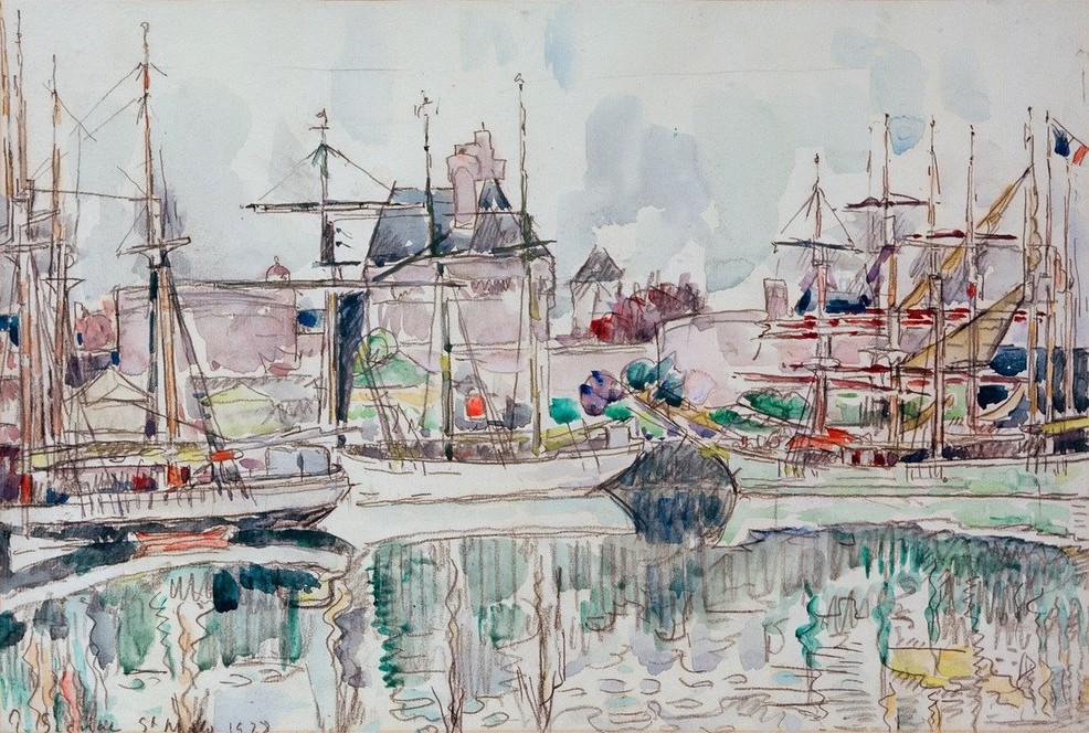 Paul Signac, St. Malo (Geographie,Hafen,Kunst,Schiff,Segelschiff,Stadtmauer,Wasser,Spiegelung,Französische Kunst,Mast,Ansicht,Topographie,Vor Anker,Befestigung,Schifffahrt)