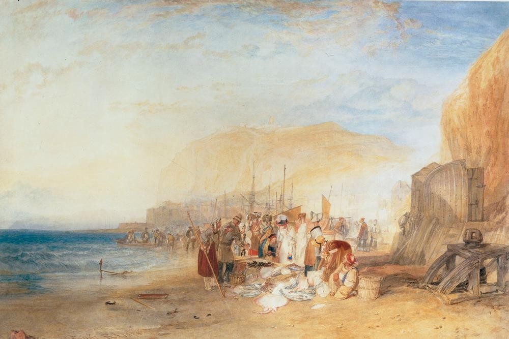 JOSEPH MALLORD WILLIAM TURNER, Hastings: Fish Market on the Sands, Early Morning (Fischerei,Fischmarkt,Geographie,Handel,Küste,Kunst,Markt,Strand,Vedute,Englische Kunst,Romantik,Topographie)