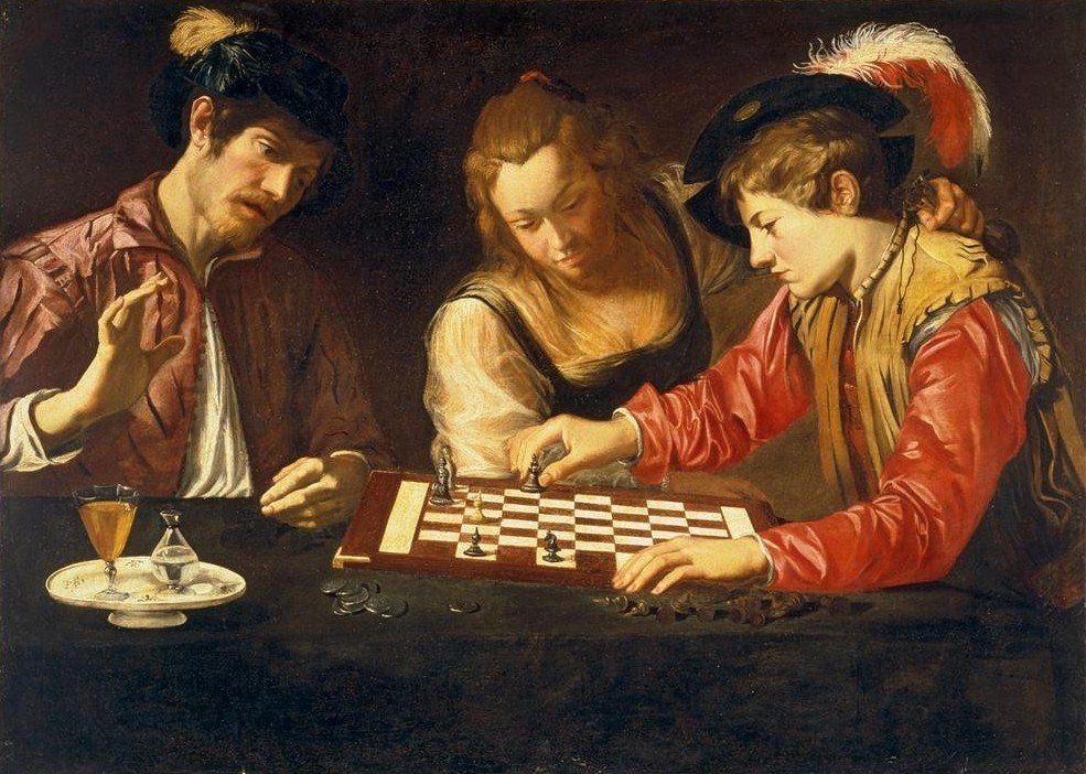 Caravaggio, Schachspieler (Brettspiel, Schach, Gesellschaft, Spannung, Matt,  Schachspieler, Schach, Bürgertum, Barock, Klassiker, Malerei, Wunschgröße, Wohnzimmer)