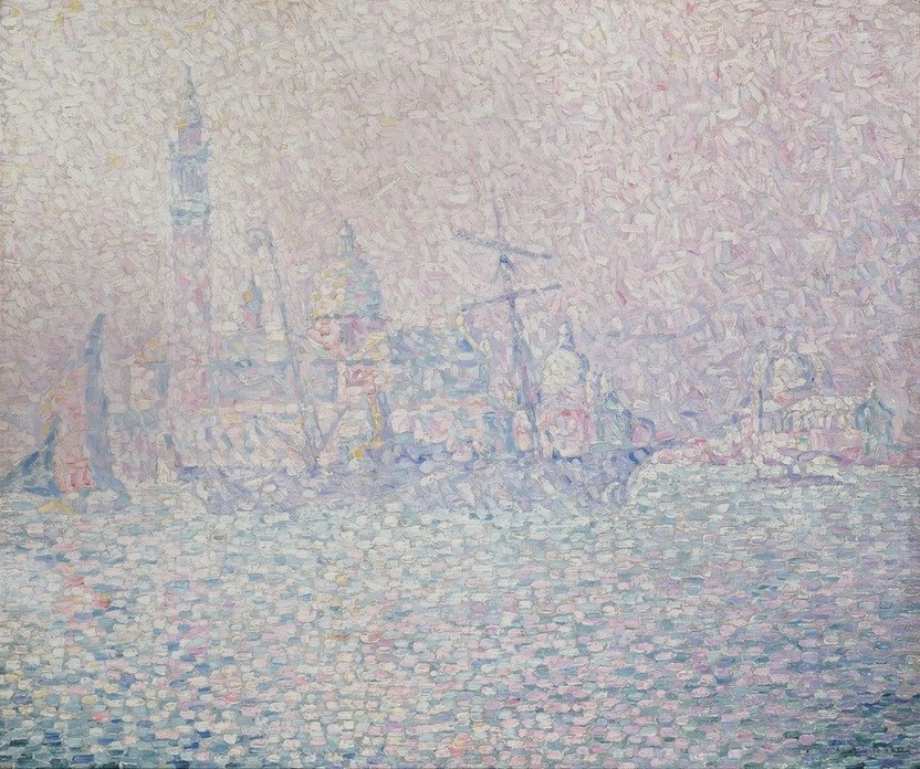 Paul Signac, Isola di San Giorgio, brume rose, Venise (Geographie,Kunst,Segelschiff,Pointillismus,Vedute,Lagune,Nebel,Französische Kunst,Topographie)