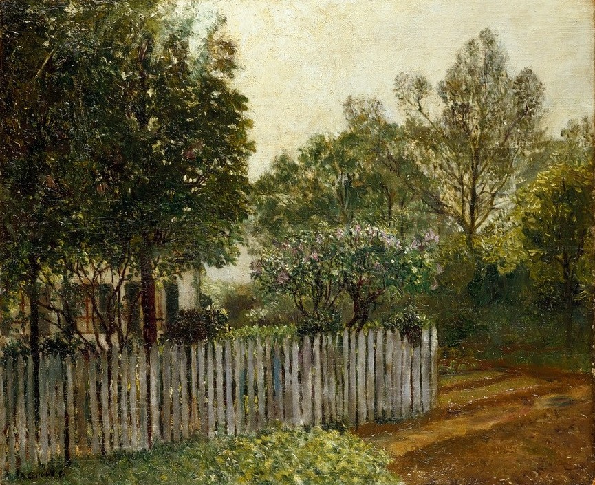 Gustave Caillebotte, La maison dans les arbres (Haus,Kunst,Landschaft,Wohnhaus (Allgemein),Impressionismus,Baum,Hausgarten,Gartenzaun,Französische Kunst,Vorgarten,Garten)