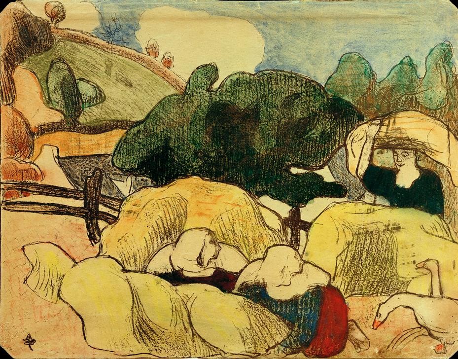 Emile Bernard, Bretonische Bäuerinnen bei der Ernte (Landwirtschaft, Felder, Heu, Garben, bretonische Frauen, Tracht,  Hauben, Landleben, Schule von Pont-Aven,  Malerei, Cloisonismus, Klassische Moderne,  Wohnzimmer, Wunschgröße, bunt)