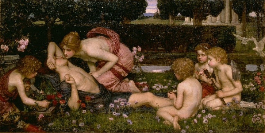 John William Waterhouse, The Awakening of Adonis (Jahreszeiten, Mythologie, Frühling, Allegorie,  Totenerweckung, Putten, Garten,  Götterliebschaften, Präraffaeliten, Klassiker, Wunschgröße)