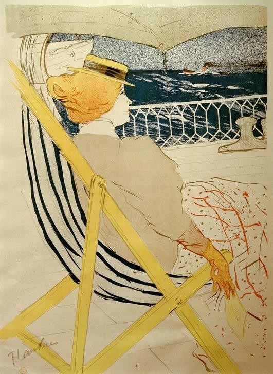 Henri de Toulouse-Lautrec, Die Reisende von Kabine 54 (Damenmode,Frau,Jugendstil,Mode,Freizeit,Seereise,Hut,Strohhut,Reise,Französische Kunst,Liegestuhl,Deck,Passagierdampfer,Fin De Siecle,Schiffsreise,Deckstuhl)