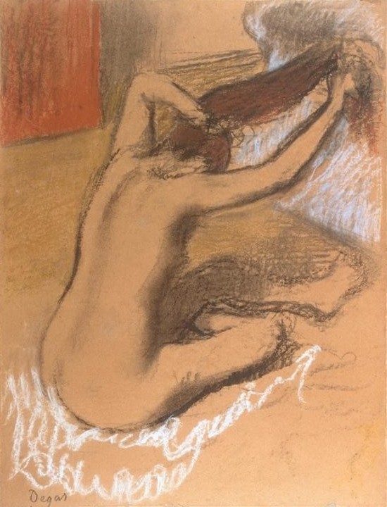 Edgar Degas, Femme se peignant (Körperpflege,Bad,Frau,Haarpflege,Kunst,Impressionismus,Akt,Rückenakt,Französische Kunst,Schneidersitz,Langes Haar,Intimsphäre,Haarekämmen)