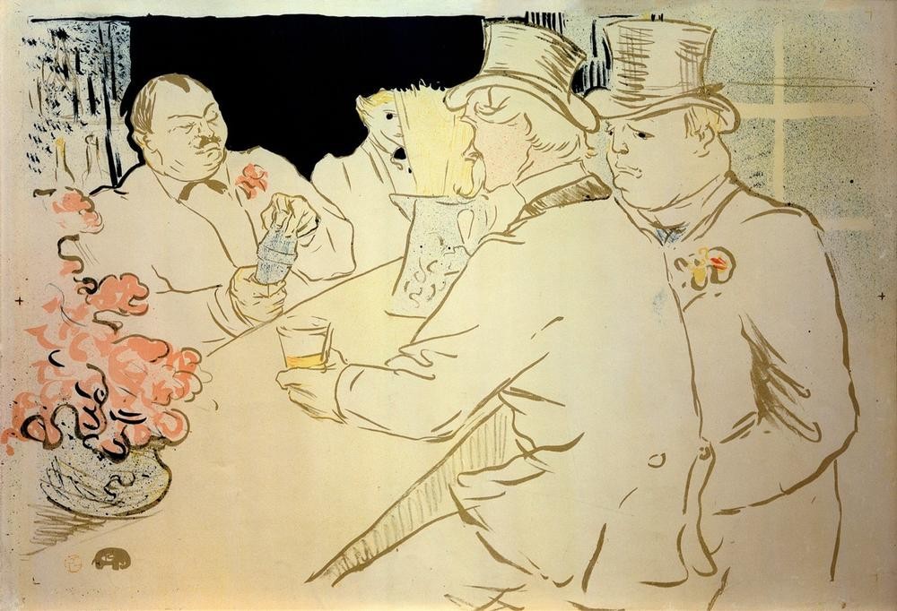 Henri de Toulouse-Lautrec, Irish American Bar oder The Chap Book (Bar,Fettleibigkeit,Gastronomie,Mann,Publizistik,Werbung,Zylinder (Hut),Plakat,Französische Kunst,Barkeeper,Belle Epoque,Männerleben,Theke (Lokal),Barmixer)