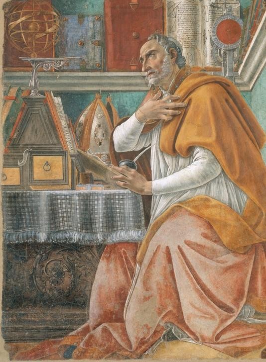 Sandro Botticelli, Der Heilige Augustinus (Arbeitszimmer,Astrolabium,Christentum,Gelehrter,Heilige,Religion,Renaissance,Kirchenvater,Italienische Kunst,Schreibwerkzeug,Tintenfass,Heiliger,Lesepult)
