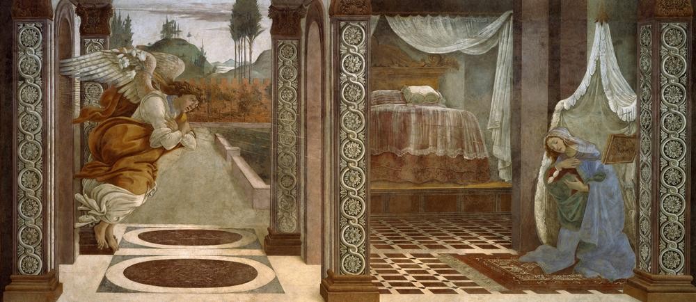 Sandro Botticelli, Verkündigung von S.Martino (Maria, Erzengel Gabriel, Lilie, Verkündigung, Neues Testament, religiös, Christentum, Interieur, Zimmer, Renaissance, Klassiker, Schlafzimmer, Wohnzimmer, bunt)