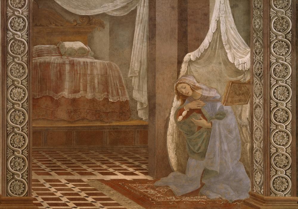 Sandro Botticelli, Verkündigung von S.Martino (Maria, Marienleben, Verkündigung, Neues Testament, religiös, Christentum, Bett, Interieur, Zimmer, Renaissance, Klassiker, Schlafzimmer, Wohnzimmer, Detail, bunt)