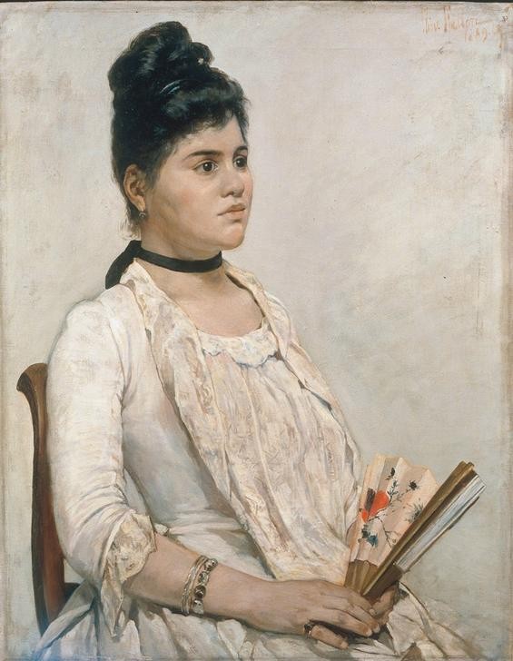 Giovanni Fattori, Ritratto della figliastra  (Portrait, junge Frau, Stieftochter, Eleganz, Hochsteckfrisur, Fächer, Mensch, Gesellschaft, Realismus, Wunschgröße, Treppenhaus, Wohnzimmer, Klassiker,)