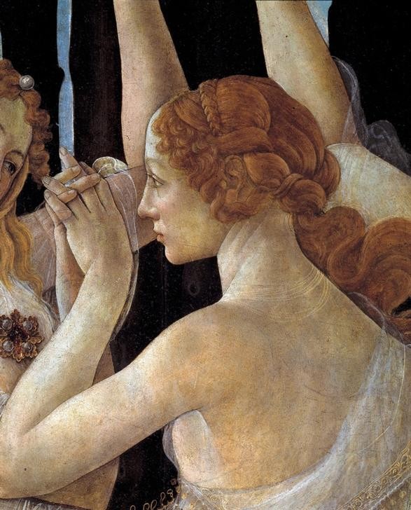 Sandro Botticelli, La Primavera (Frühling, Grazien, Tanz, Flechtfrisur, Schönheit, Anmut, Allegorie, Detail, Portrait, Mythologie, Renaissance, Klassiker, Schlafzimmer, Wohnzimmer, Wunschgröße, bunt)