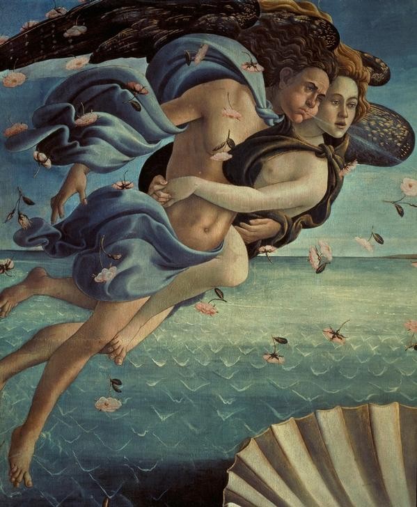 Sandro Botticelli, Die Geburt der Venus (Geburt der Venus, Metamorphose, Göttin, Schönheit, Akt, Detail, Westwind, Pausbacken, Mythologie, Jakobsmuschel, Renaissance, Klassiker, Schlafzimmer, Wohnzimmer, Wunschgröße,  bunt)