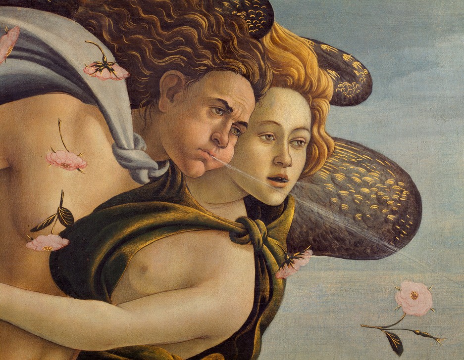 Sandro Botticelli, Die Geburt der Venus (Geburt der Venus, Metamorphose,  Detail, Westwind, Pausbacken, Blüten, Mythologie, Jakobsmuschel, Renaissance, Klassiker, Schlafzimmer, Wohnzimmer, Wunschgröße,  bunt)