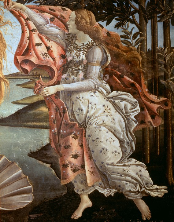 Sandro Botticelli, Die Geburt der Venus (Frühling, Allegorie, Frau,  Ankleiden, Personifizierung, Geburt der Venus, Detail, Mythologie, Jakobsmuschel, Renaissance, Klassiker, Schlafzimmer, Wohnzimmer, Wunschgröße,  bunt)