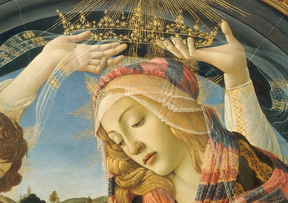 Sandro Botticelli, Maria mit Kind und fünf Engeln (Christentum, Religion, Maria Mit Kind, Neues Testament, Bibel ,Madonna Del Magnificat, Krone, Ausschnitt, Detail, Renaissance, Klassiker, Schlafzimmer, Wohnzimmer, Wunschgröße,  bunt)