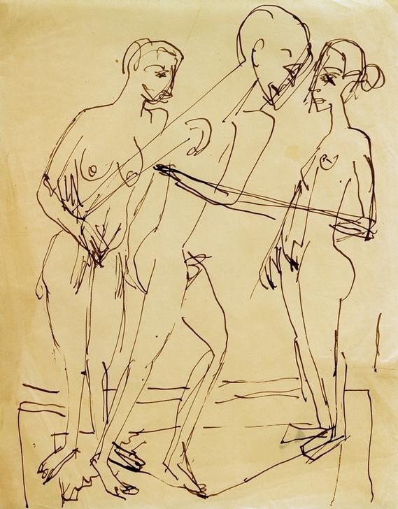 Ernst Ludwig Kirchner, Tanz zwischen den Frauen (Deutsche Kunst,Frau,Kunst,Mann,Musik,Tänzer,Tanz,Akt,Expressionismus,Die Brücke,Nacktheit,Nackttanz)